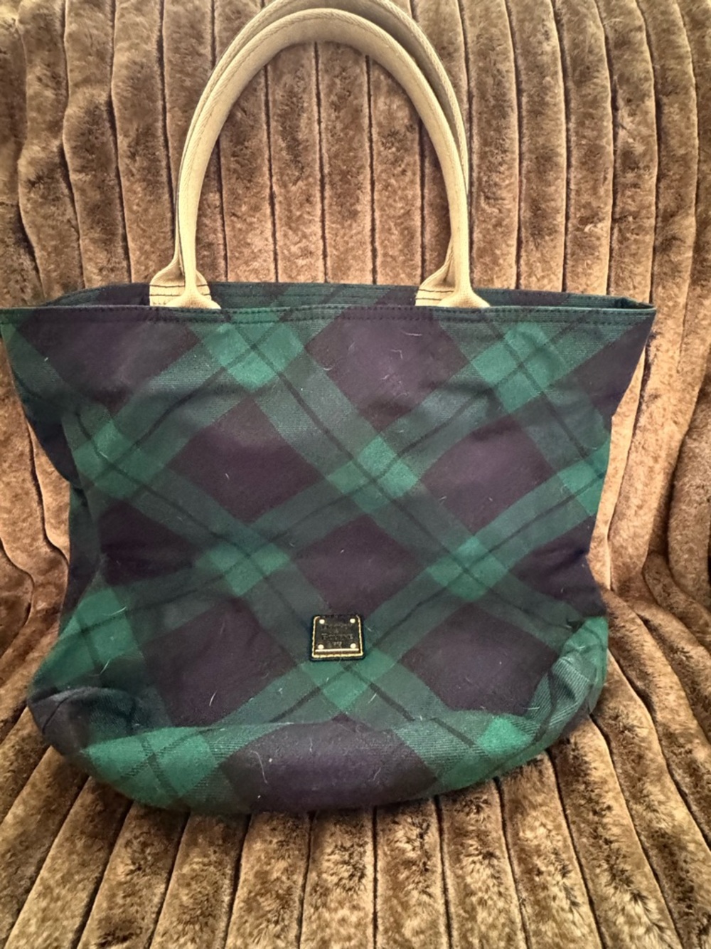 Dooney & Bourke Green and Navy Tartan Plaid Tote with Tan Handles